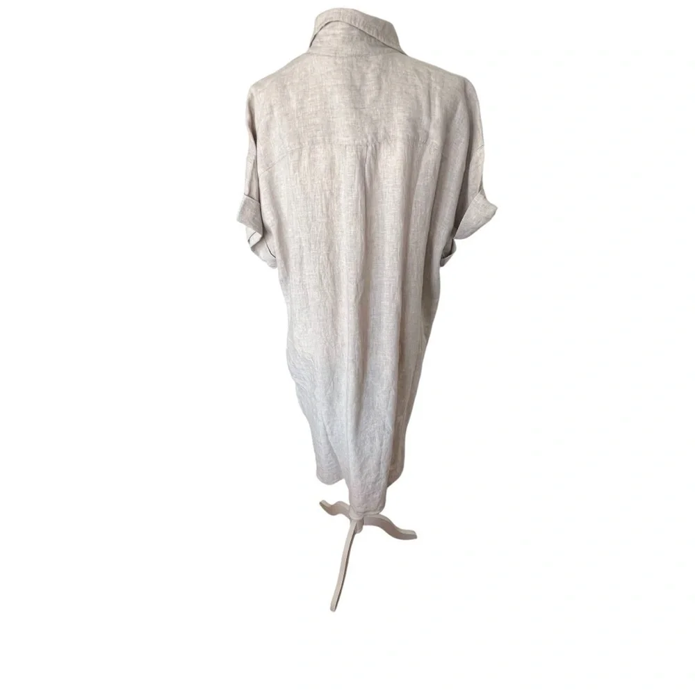Button-Front Tie Waist Linen Dress in Light Beige